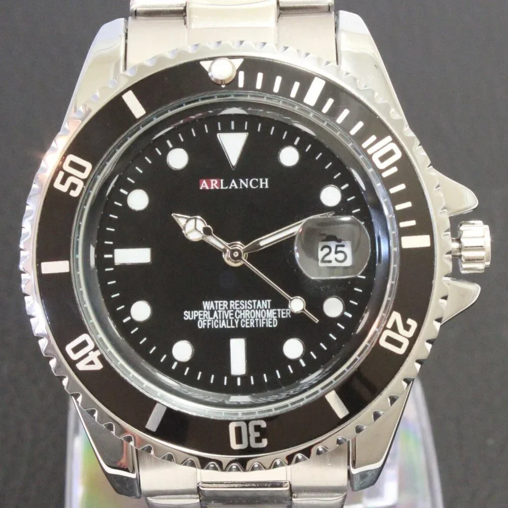 Men's Diver Style Watch Black Uni-directional Bezel Stainless Bracelet 40mm